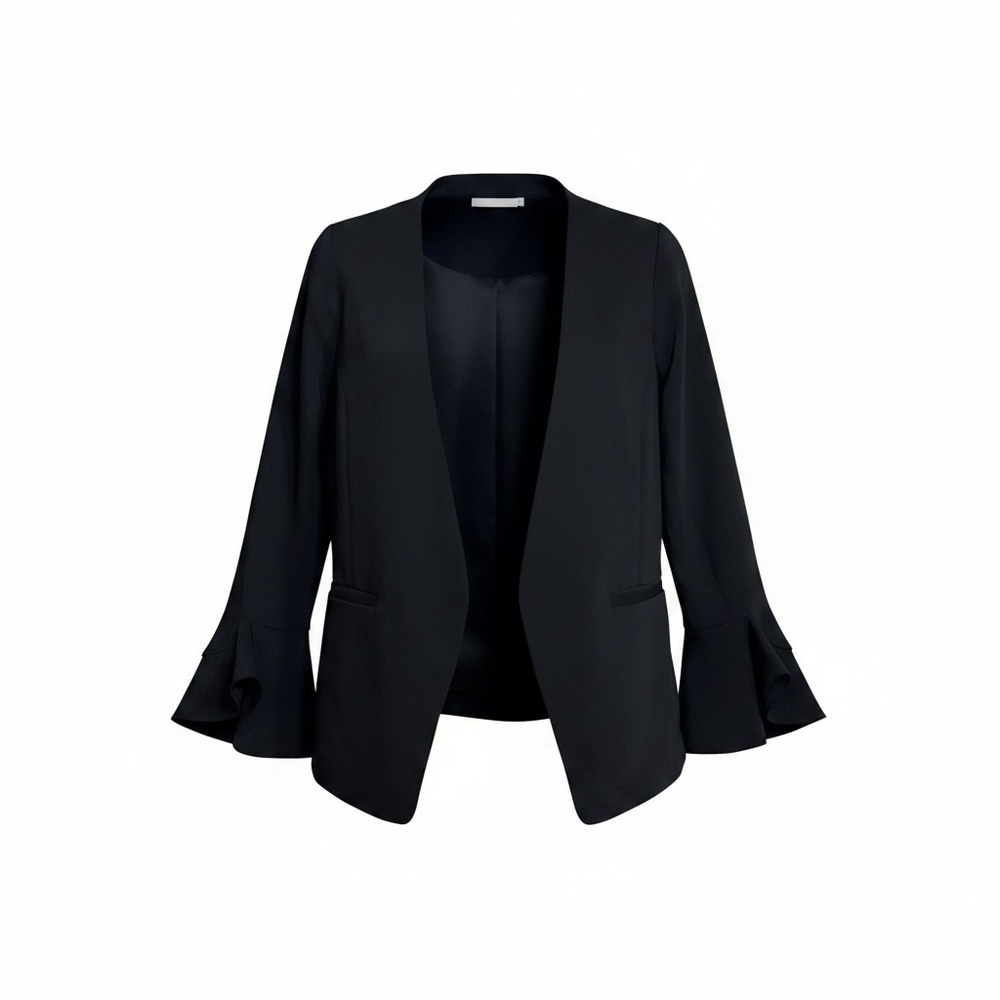 Alfani Womens Petite Small Black Open Front Blazer Ruffle Sleeve Jacket PS